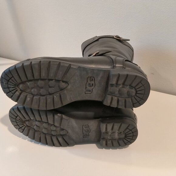 UGG  Black leather tall boots full-length side zipper Size 8 - Picture 2 of 7